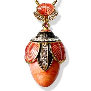 CORAL STERLING Silver Guilloché Enamel Faberge Egg Pendant Swarovski Crystals